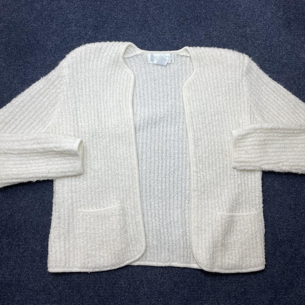 Vintage Sideffects Cardigan Sweater Womens Large White Open Front Knit Pockets
